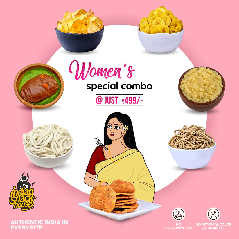 Choice of Women Combo - Srivilliputhur Palkova, TIrunelveli Alwa, Palakkad Banana Chips, Salem Thattai, Kerala Tapioca Chips, Nanjil Pepper Sev, Chettinad Coconutmilk Murukku