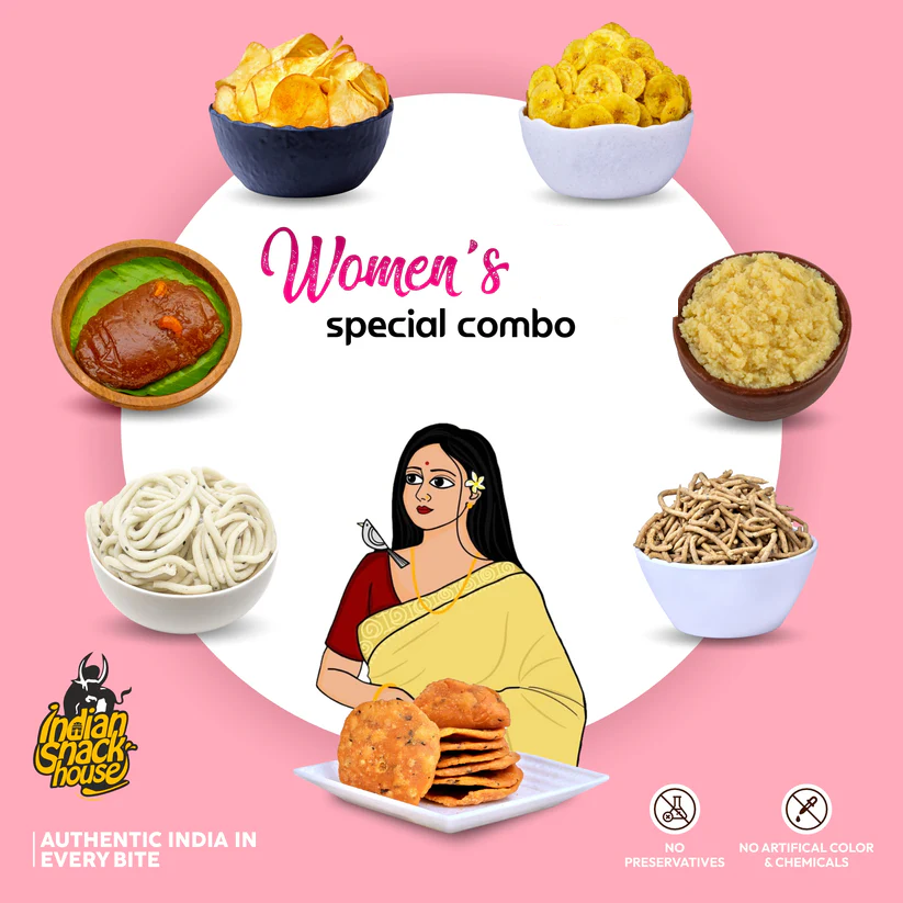 Choice of Women Combo - Srivilliputhur Palkova, TIrunelveli Alwa, Palakkad Banana Chips, Salem Thattai, Kerala Tapioca Chips, Nanjil Pepper Sev, Chettinad Coconutmilk Murukku