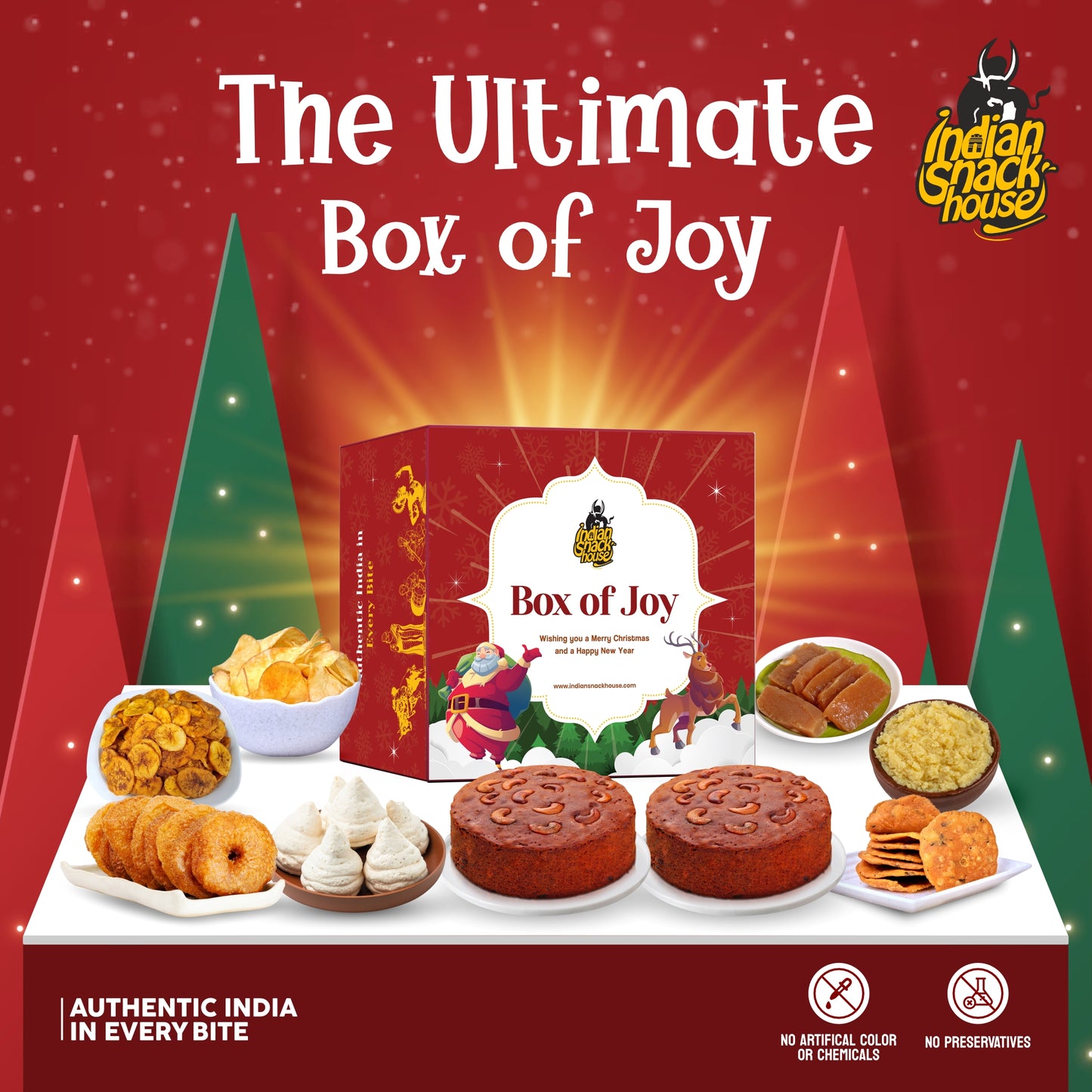 Box Of Joy - Pack of 7 Gift Box - 7 Authentic Christmas Spl South Delicacies Packed In Beautiful Box of Joy Gift Box - 1 Box of Rich Plum Cake + 440g of Premium Christmas Sweets + 190g of Crunchy Savouries