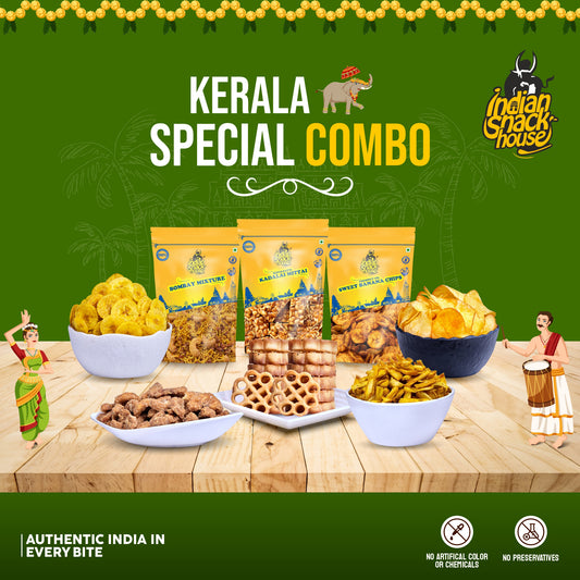 Kerala Special Super 8 Combo - Achappam (Achu Murukku), Kovilpatti Spl Peanut Chikki, Palakkad Spl Coconut Oil Chips, Authentic Nendran Jaggery Upperi, Authentic Tapioca Chips, Bombay Mixture & Kerala Jackfruit Chips