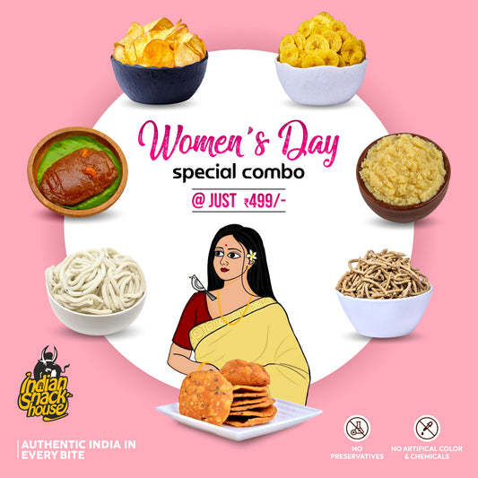 Choice of Women Combo - Srivilliputhur Palkova, TIrunelveli Alwa, Palakkad Banana Chips, Salem Thattai, Kerala Tapioca Chips, Nanjil Pepper Sev, Chettinad Coconutmilk Murukku