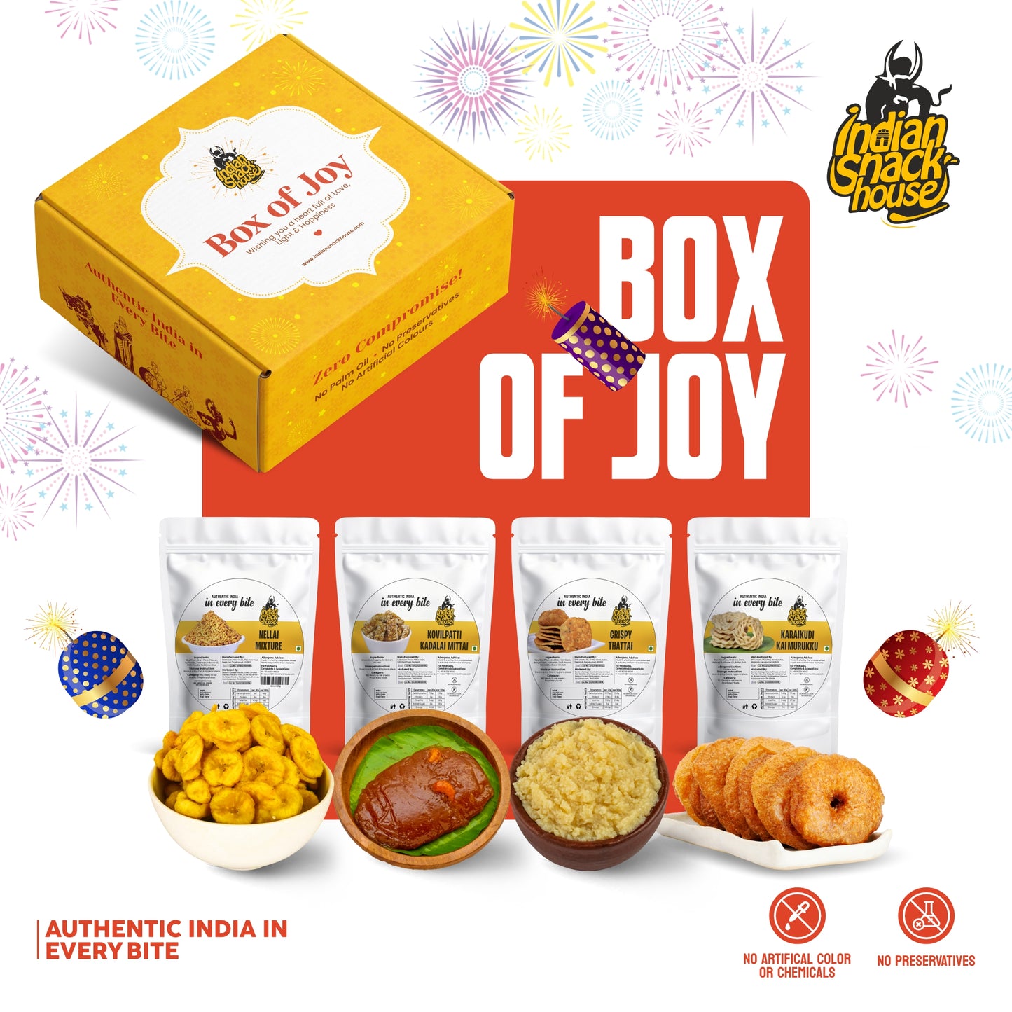 Box Of Joy Diwali Gift Box - 8 Authentic Palm-Oil-Free Delicacies Packed In Beautiful Box of Joy Gift Box - 450g Sweets + 400g Savouries + Gift Box Packaging