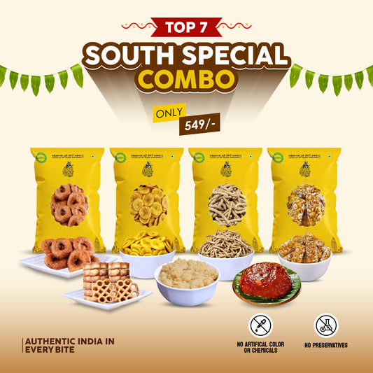 Top 7 South Special Combo (975G) Srivi Palkova, Tirunelveli Alwa,  Kovilpatti Kadalai Mittai, Salem Thattai, Nagercoil Banana Chips 125g, Adhirasam & Sattur Kara Sev 125g