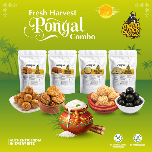 Fresh Harvest Pongal Set ~ 1.070 Kg (Salem Vellam, Village Pori Urundai, Ghee Jaggery Laddu - 2 Varieties, Srirangam Adhirasam, Salem Thattai, Srivi Palkova, Chettinad Kai Murukku)