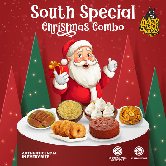 South Special Christmas Combo - 6 Premium Delicacies - Kerala Homemade Plum Cake, Tuticorin Cashew Macaroons, Christmas Spl Adhirasam, Coconutmilk Muscoth Halwa, Srivi Palkova & Palakkad Spl Coconutoil Sweet Banana Chips