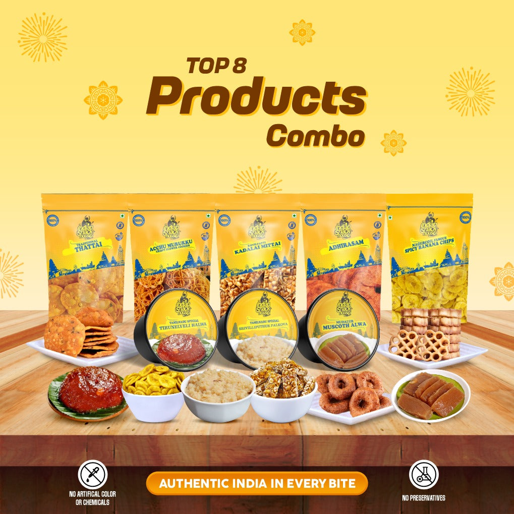 Best Selling 8 Combo (1.1 Kg) - Salem Thattai, Achu Muruku, Srivi Palkova, Srirangam Adirasam, Mudalur Coconut Milk Muscoth Alwa, Kovilpatti Kadalai Mittai & Nagercoil Chips